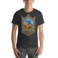 Dark Grey Heather West Azerbaijan unisex t-shirt, front view with Lake Urmia and the ancient Hasanlu mound design