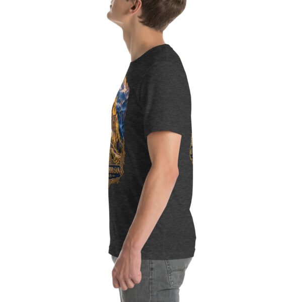 Dark Grey Heather Khorasan Razavi unisex t-shirt, with Tomb of Ferdowsi in ancient Tus design