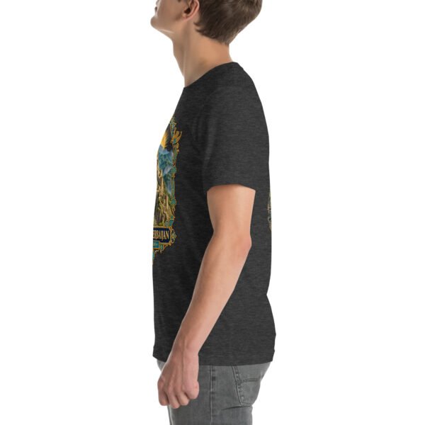 Dark Grey Heather East Azerbaijan unisex t-shirt, with Babak Castle and the Arasbaran valleys design