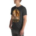 Dark Grey Heather Zanjan unisex t-shirt, front view with Chehrabad salt mine and salt crystals design