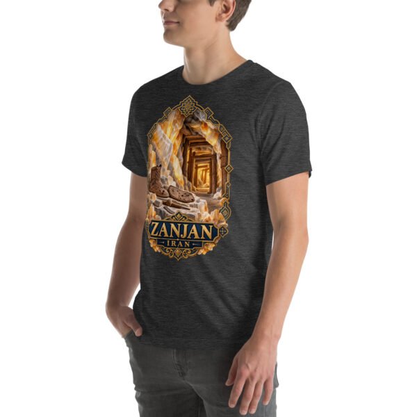 Dark Grey Heather Zanjan unisex t-shirt, front view with Chehrabad salt mine and salt crystals design