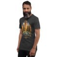 Dark Grey Heather Yazd unisex t-shirt, front view with Narin Castle of Meybod and a traditional dovecote design
