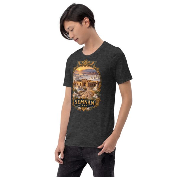 Dark Grey Heather Semnan unisex t-shirt, front view with Qasr-e Bahram caravanserai in the Dasht-e Kavir design
