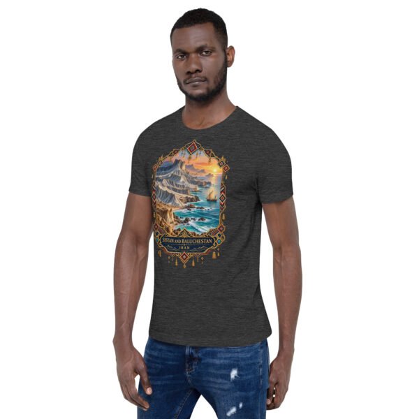 Dark Grey Heather Sistan and Baluchestan unisex t-shirt, front view with Shahr-e Sukhteh, the Burnt City design