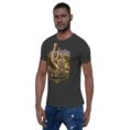 Dark Grey Heather Markazi unisex t-shirt, front view with ancient columns of Khorheh design