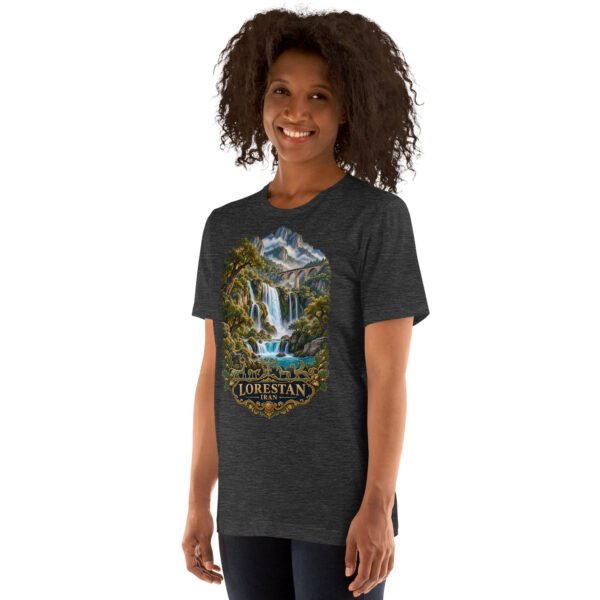 Dark Grey Heather Lorestan unisex t-shirt, front view with Falak-ol-Aflak Castle in Khorramabad design