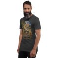 Dark Grey Heather Kurdistan unisex t-shirt, front view with Ziwiye fortress and golden Mannaean motifs design