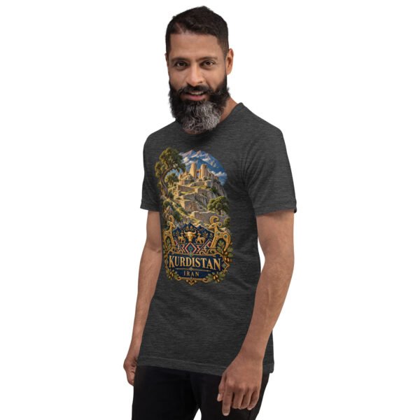 unisex-staple-t-shirt-dark-grey-heather-left-front-6acbcf7f1ee04.jpg Dark Grey Heather Kurdistan unisex t-shirt, front view with Ziwiye fortress and golden Mannaean motifs design