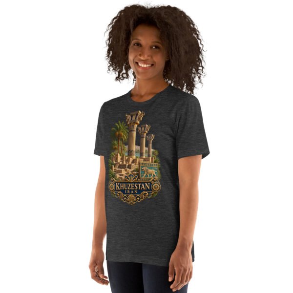 Dark Grey Heather Khuzestan unisex t-shirt, front view with ancient Susa design