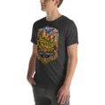 Dark Grey Heather North Khorasan unisex t-shirt, front view with historic citadel of Shirvan and vineyards design