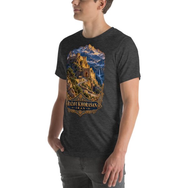 Dark Grey Heather Khorasan Razavi unisex t-shirt, front view with Tomb of Ferdowsi in ancient Tus design