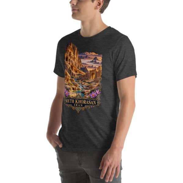 Dark Grey Heather South Khorasan unisex t-shirt, front view with historic citadel of Birjand design