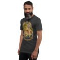 Dark Grey Heather Kermanshah unisex t-shirt, front view with Taq-e Bostan Sasanian rock reliefs design