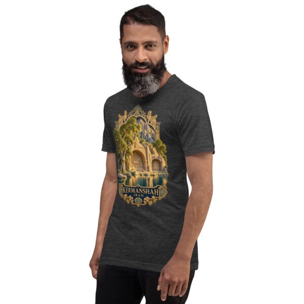 Dark Grey Heather Kermanshah unisex t-shirt, front view with Taq-e Bostan Sasanian rock reliefs design