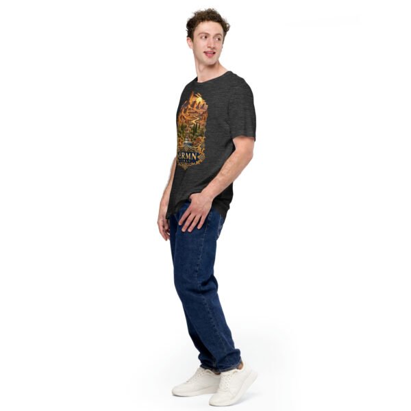 unisex-staple-t-shirt-dark-grey-heather-left-front-6acbd5352c9d7.jpg Dark Grey Heather Kerman unisex t-shirt, front view with Arg-e Bam citadel and desert palm groves design