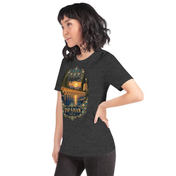 Dark Grey Heather Isfahan unisex t-shirt, front view with Naqsh-e Jahan Square and Ali Qapu Palace design