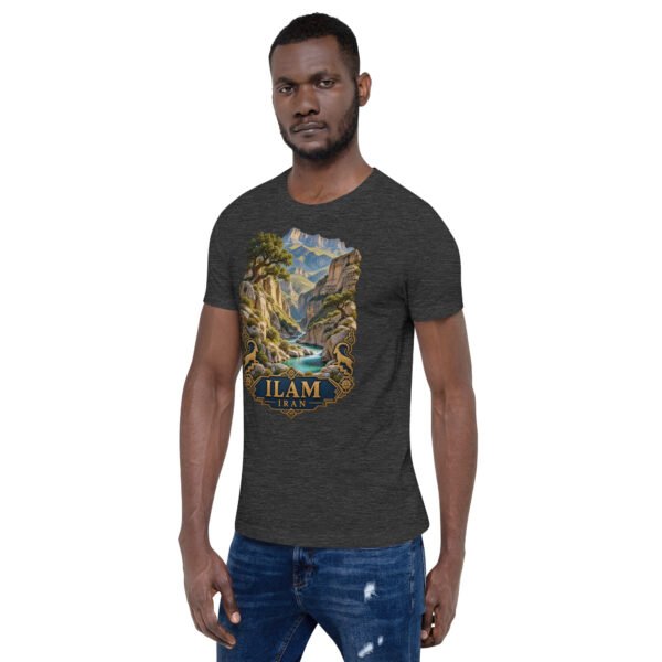 Dark Grey Heather Ilam unisex t-shirt, front view with Razianeh Gorge in the Zagros Mountains design