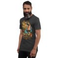 Dark Grey Heather Hormozgan unisex t-shirt, front view with Portuguese Castle of Hormuz and the Persian Gulf design