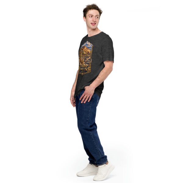 unisex-staple-t-shirt-dark-grey-heather-left-front-6acbd9f3e13ae.jpg Dark Grey Heather Hamedan unisex t-shirt, front view with Ganjnameh inscriptions and Mount Alvand design