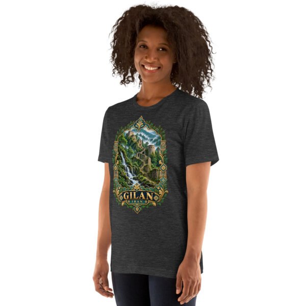 Dark Grey Heather Gilan unisex t-shirt, front view with Rudkhan Castle in the Hyrcanian forest design