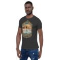 Dark Grey Heather Qom unisex t-shirt, front view with Deir-e Gachin caravanserai in the desert design