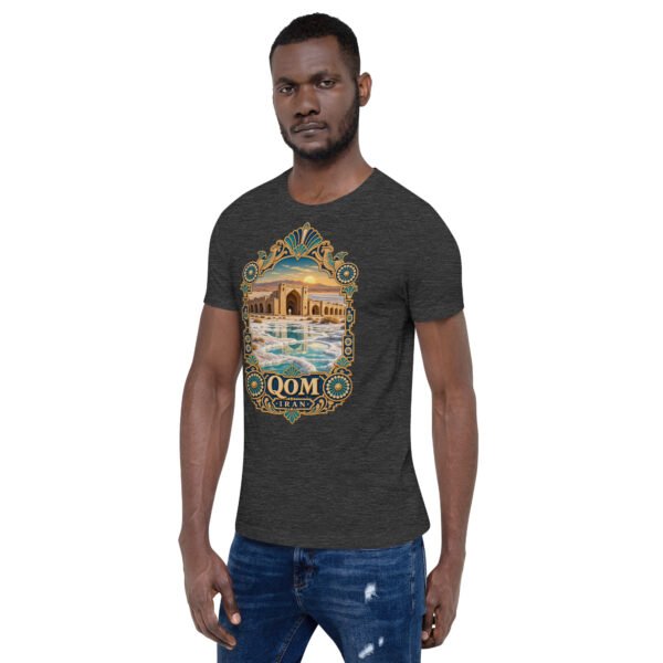 Dark Grey Heather Qom unisex t-shirt, front view with Deir-e Gachin caravanserai in the desert design