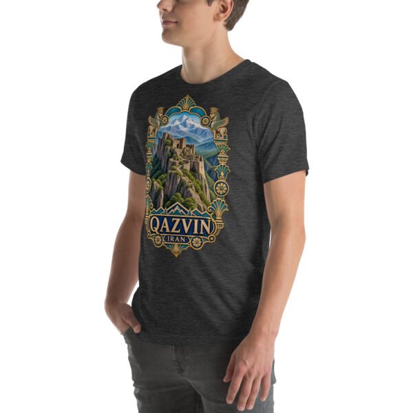 Dark Grey Heather Qazvin unisex t-shirt, front view with Alamut Castle on its rocky Alborz cliff design