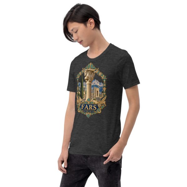 Dark Grey Heather Fars unisex t-shirt, front view with Persepolis and Achaemenid columns design