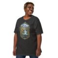 Dark Grey Heather Chaharmahal and Bakhtiari unisex t-shirt, front view with Zard-Kuh and the Koohrang waterfall design