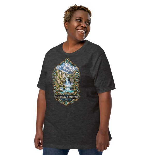 Dark Grey Heather Chaharmahal and Bakhtiari unisex t-shirt, front view with Zard-Kuh and the Koohrang waterfall design