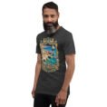 Dark Grey Heather Bushehr unisex t-shirt, front view with ancient port of Siraf and the Persian Gulf design