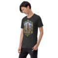 Dark Grey Heather Ardabil unisex t-shirt, front view with ancient Shahr-e Yeri stone figures and Mount Sabalan design