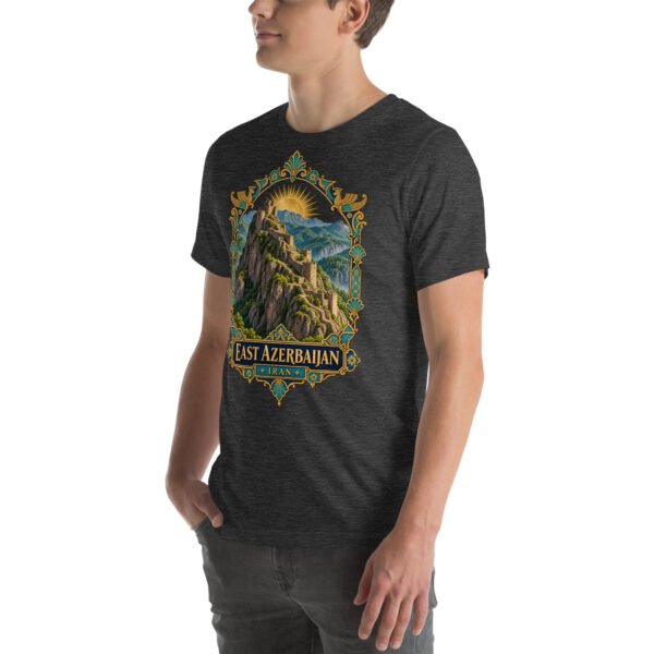 Dark Grey Heather East Azerbaijan unisex t-shirt, front view with Babak Castle and the Arasbaran valleys design