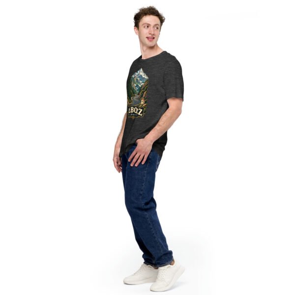 Dark Grey Heather Alborz unisex t-shirt, front view with Chalus Road winding through the Alborz Mountains design