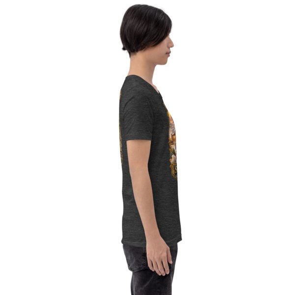 Dark Grey Heather Semnan unisex t-shirt, with Qasr-e Bahram caravanserai in the Dasht-e Kavir design