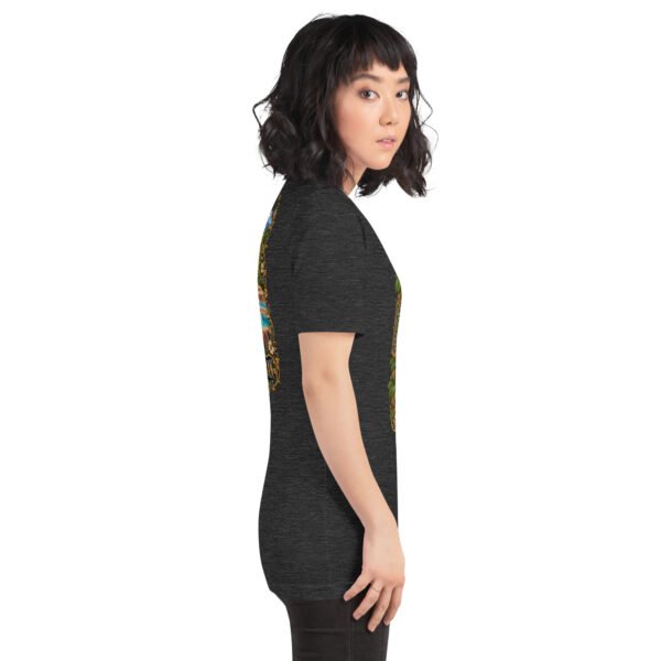 Dark Grey Heather Mazandaran unisex t-shirt, with terraced springs of Badab-e Surt in the Hyrcanian forest design