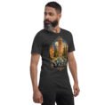 Dark Grey Heather Yazd unisex t-shirt, front view with Narin Castle of Meybod and a traditional dovecote design