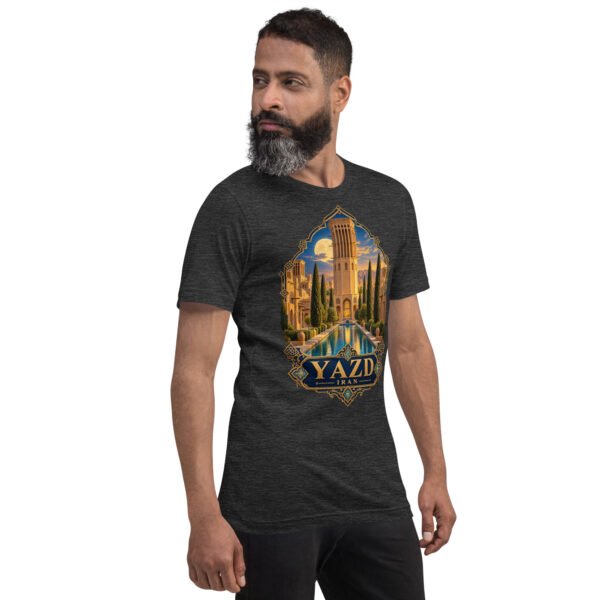 Dark Grey Heather Yazd unisex t-shirt, front view with Narin Castle of Meybod and a traditional dovecote design