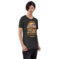 Dark Grey Heather Semnan unisex t-shirt, front view with Qasr-e Bahram caravanserai in the Dasht-e Kavir design