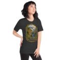 Dark Grey Heather Mazandaran unisex t-shirt, front view with terraced springs of Badab-e Surt in the Hyrcanian forest design