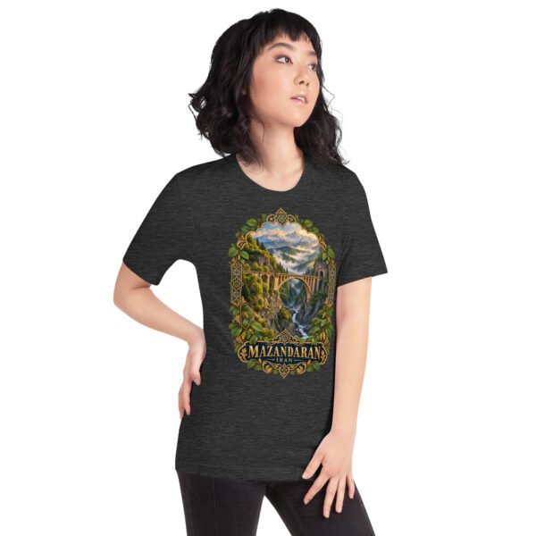 Dark Grey Heather Mazandaran unisex t-shirt, front view with terraced springs of Badab-e Surt in the Hyrcanian forest design