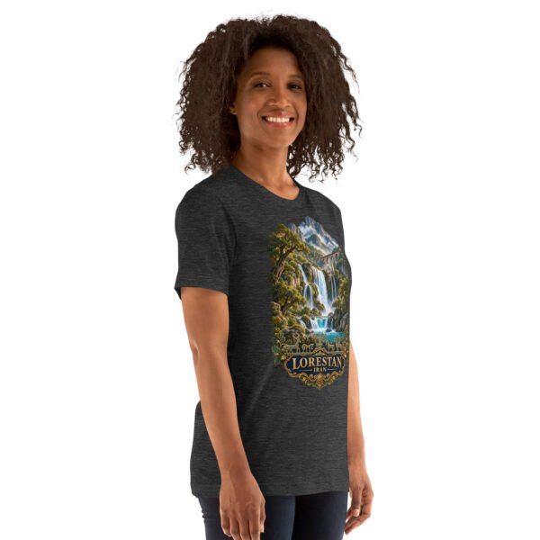 Dark Grey Heather Lorestan unisex t-shirt, front view with Falak-ol-Aflak Castle in Khorramabad design