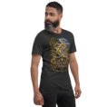 Dark Grey Heather Kurdistan unisex t-shirt, front view with Ziwiye fortress and golden Mannaean motifs design