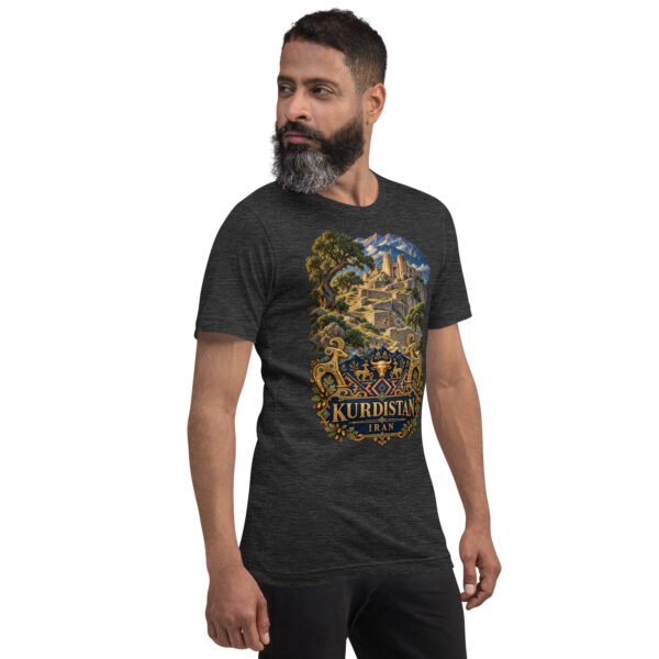 unisex-staple-t-shirt-dark-grey-heather-right-front-6acbcf7f1fd50.jpg Dark Grey Heather Kurdistan unisex t-shirt, front view with Ziwiye fortress and golden Mannaean motifs design
