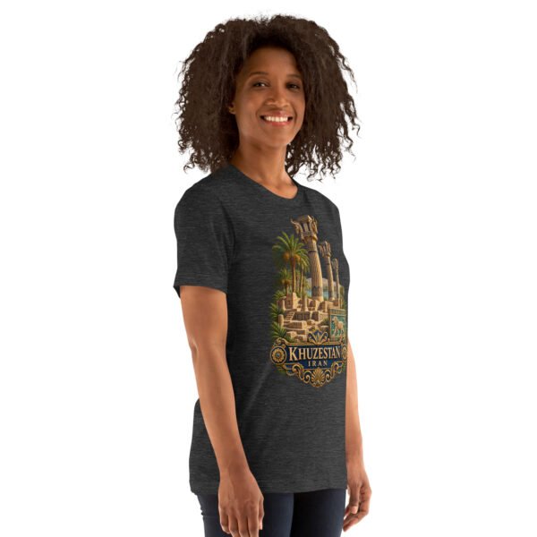 Dark Grey Heather Khuzestan unisex t-shirt, front view with ancient Susa design