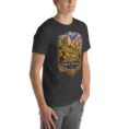 Dark Grey Heather North Khorasan unisex t-shirt, front view with historic citadel of Shirvan and vineyards design
