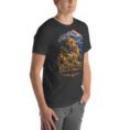 Dark Grey Heather Khorasan Razavi unisex t-shirt, front view with Tomb of Ferdowsi in ancient Tus design