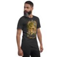 Dark Grey Heather Kermanshah unisex t-shirt, front view with Taq-e Bostan Sasanian rock reliefs design