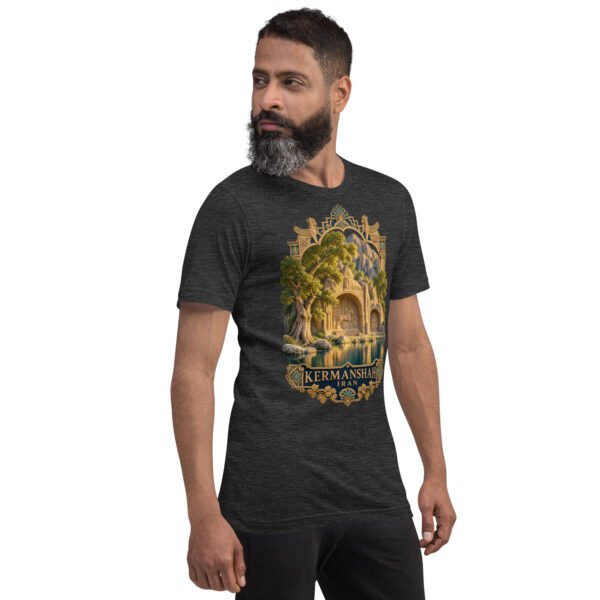 Dark Grey Heather Kermanshah unisex t-shirt, front view with Taq-e Bostan Sasanian rock reliefs design