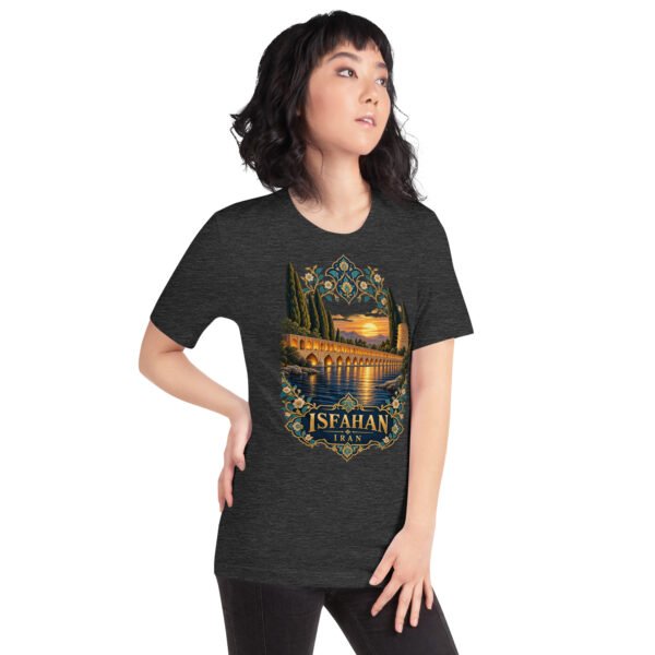 Dark Grey Heather Isfahan unisex t-shirt, front view with Naqsh-e Jahan Square and Ali Qapu Palace design